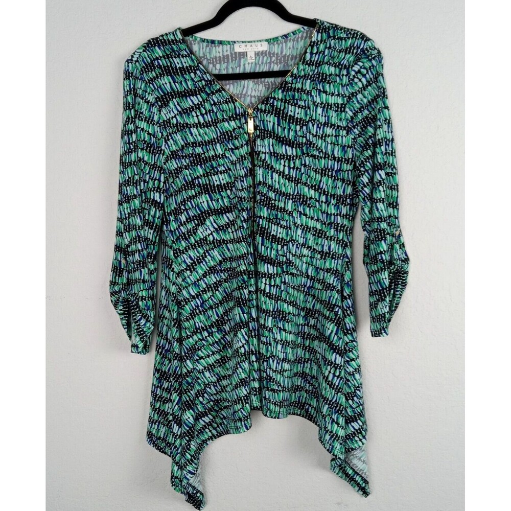 Chaus Womens Sz Large Tunic Top Zipper V-Neck Hanky Hem Black Blue Green Print